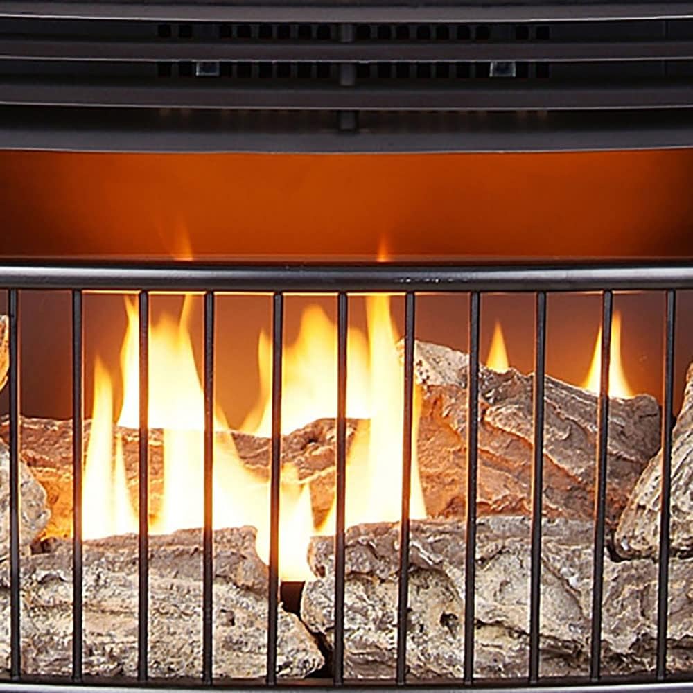 Vent-free 25,000 BTU space-saving freestanding dual-fuel fireplace with built-in thermostat control