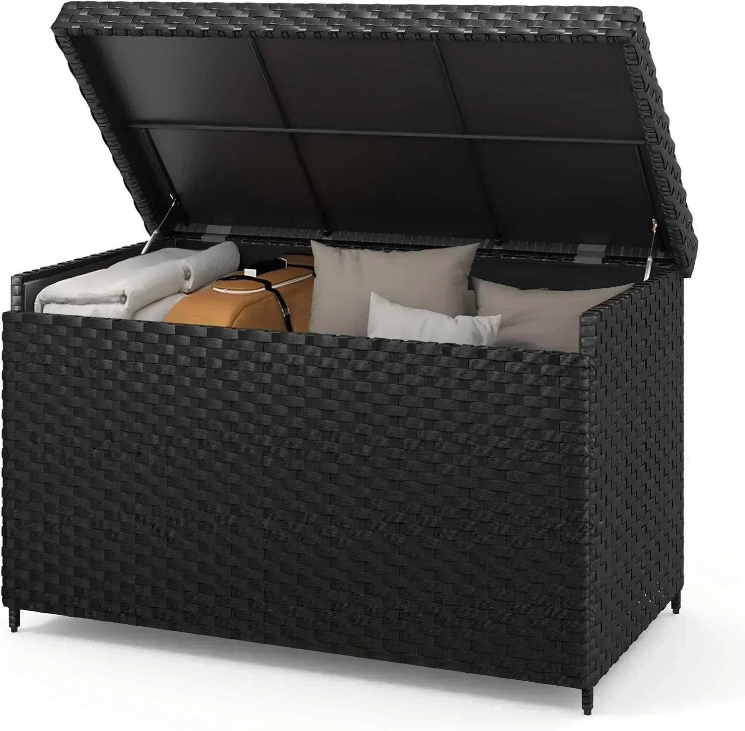DWVO 70Gal Outdoor Storage Bench with Cushion Composite Wood Backrest Wicker Deck Bench