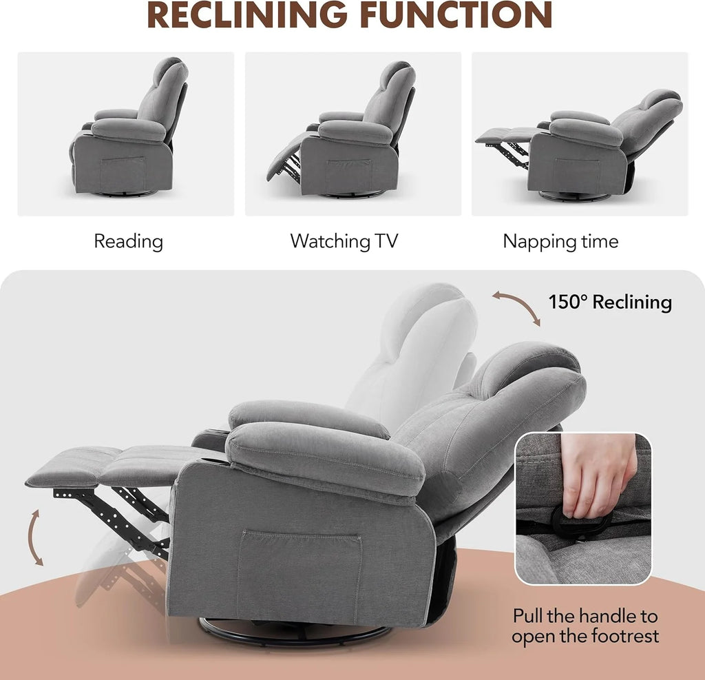 Large Swivel Rocking Recliner with Heating and Massage Function, 360 Degree Swivel Rocking Single Sofa