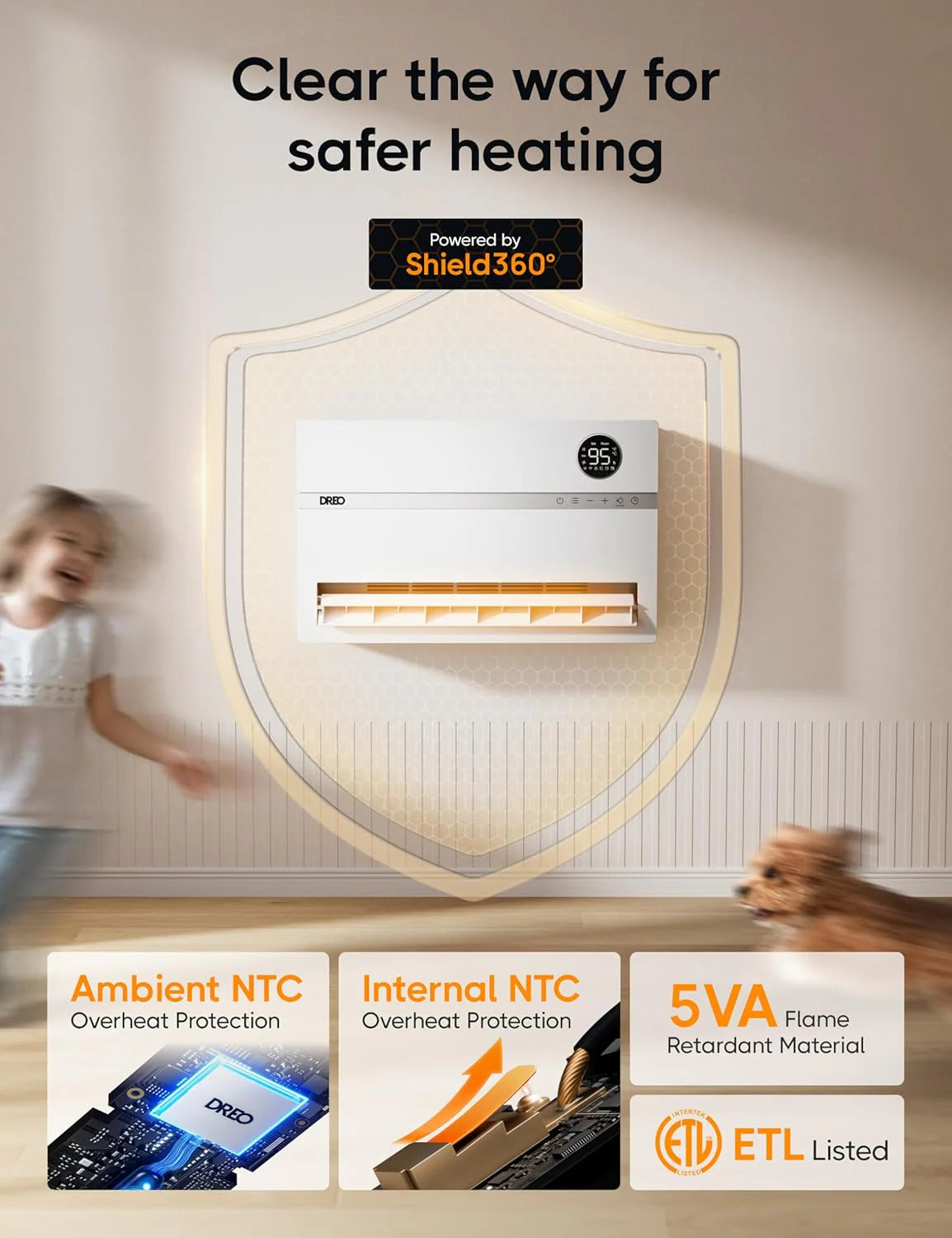 Dreo Smart Wall Heater, Electric Space Heater for Bedroom 1500W, 120�� Vertical Oscillation, Adjustable Thermostat, Remote Control, 24H Timer, Easy-Mount Heater for Indoor Use, Works with Alexa, WH719S