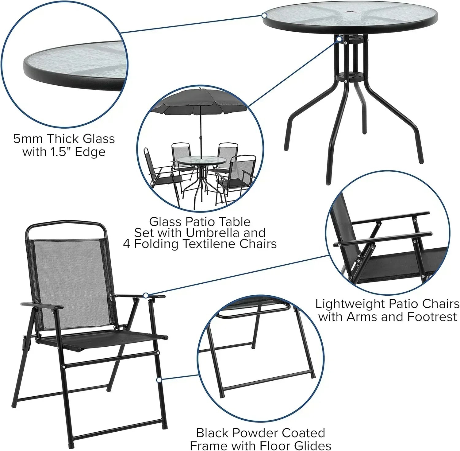 EMMA + OLIVER 6 Piece Brown Patio Garden Set with Umbrella Table Set of 4 Folding Chairs
