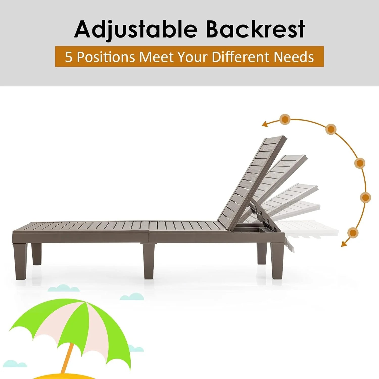 Outdoor Chaise Lounge Chair, Lightweight Patio Lounge Recliner Chair with Adjustable Backrest, 5 Reclining Positions Chaise Lounger for Patio, Beach, Balcony, Poolside, Backyard (1, Black)