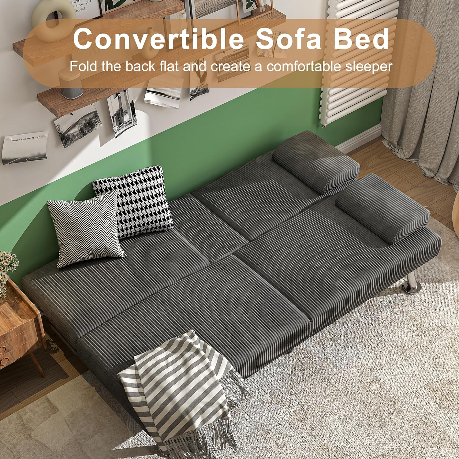 Shahoo Modern Linen Upholstered Convertible Folding Futon Sofa Bed with Removable Armrests