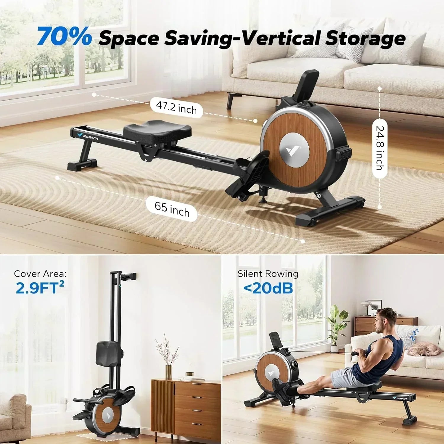 Merachi household rowing machine silent resistance dual-slide design