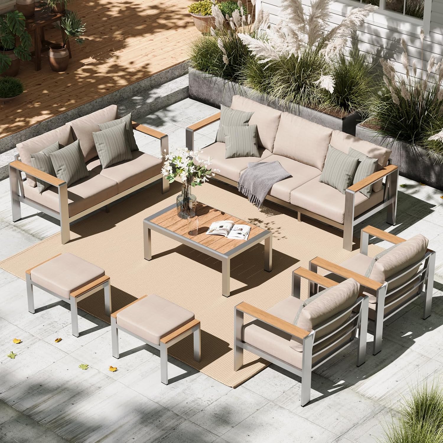 Aluminum Outdoor Patio Furniture Set with Coffee Table, 4 Piece Patio Conversation Sets with Washable Thick Cushions