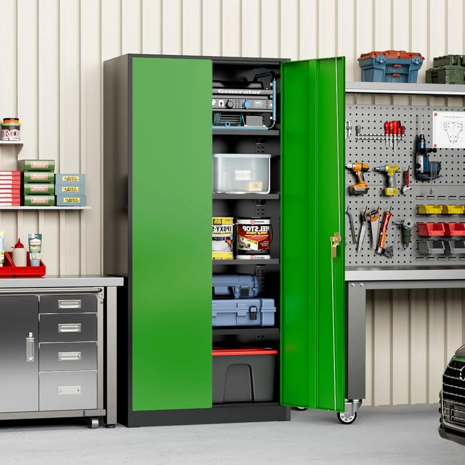 Greenvelly Metal Storage Cabinet, 72 Black Locking Metal Cabinet with 2 Doors and 4 Adjustable Shelves, Lockable Garage Storage Cabinets for Home Office, Garage, Kitchen, Living Room