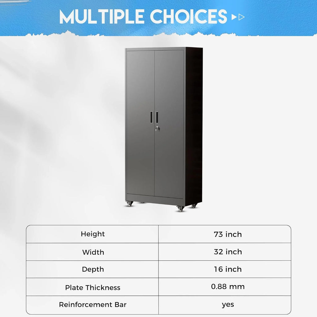 Greenvelly Metal Storage Cabinet, 72 Black Locking Metal Cabinet with 2 Doors and 4 Adjustable Shelves, Lockable Garage Storage Cabinets for Home Office, Garage, Kitchen, Living Room