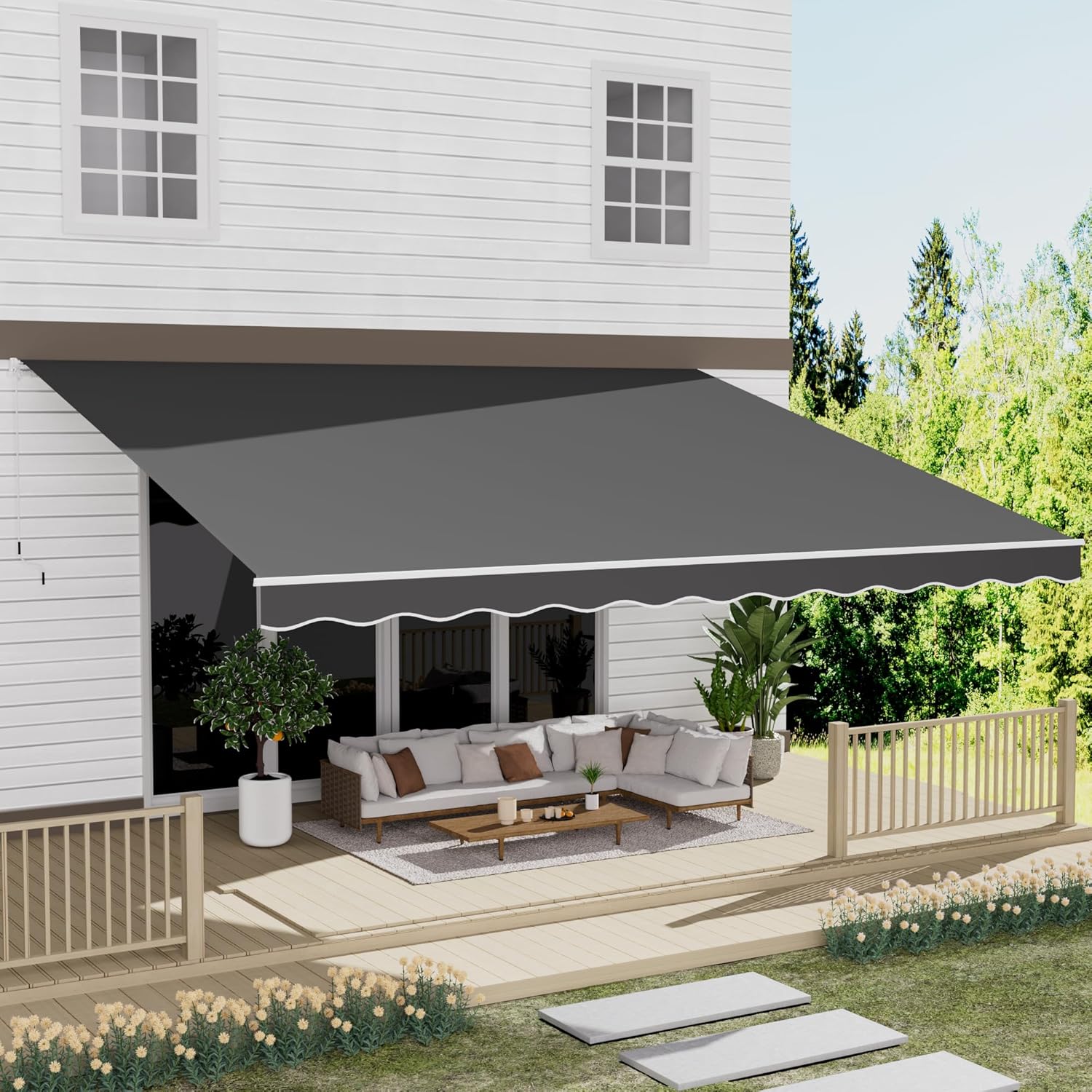 13' x 10' Awning for Patio, Sunsetter Retractable Awning Waterproof Cover Outdoor Patio Canopy, Sun Shade with Manual Crank Handle, Porch Shades for Outdoor, House, Deck, Dark Gray