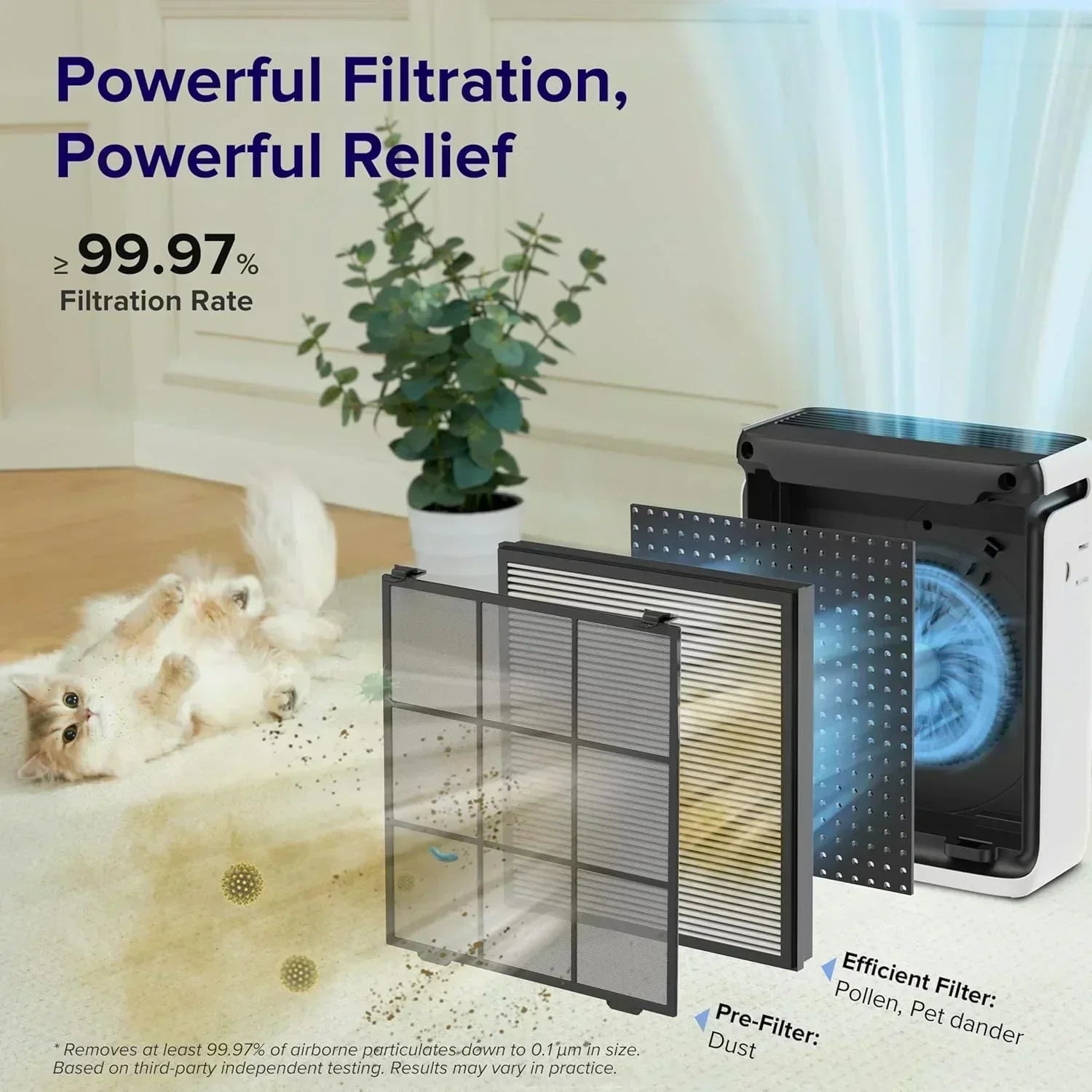 Large-room air purifier for home use with air quality monitor washable pre-filter
