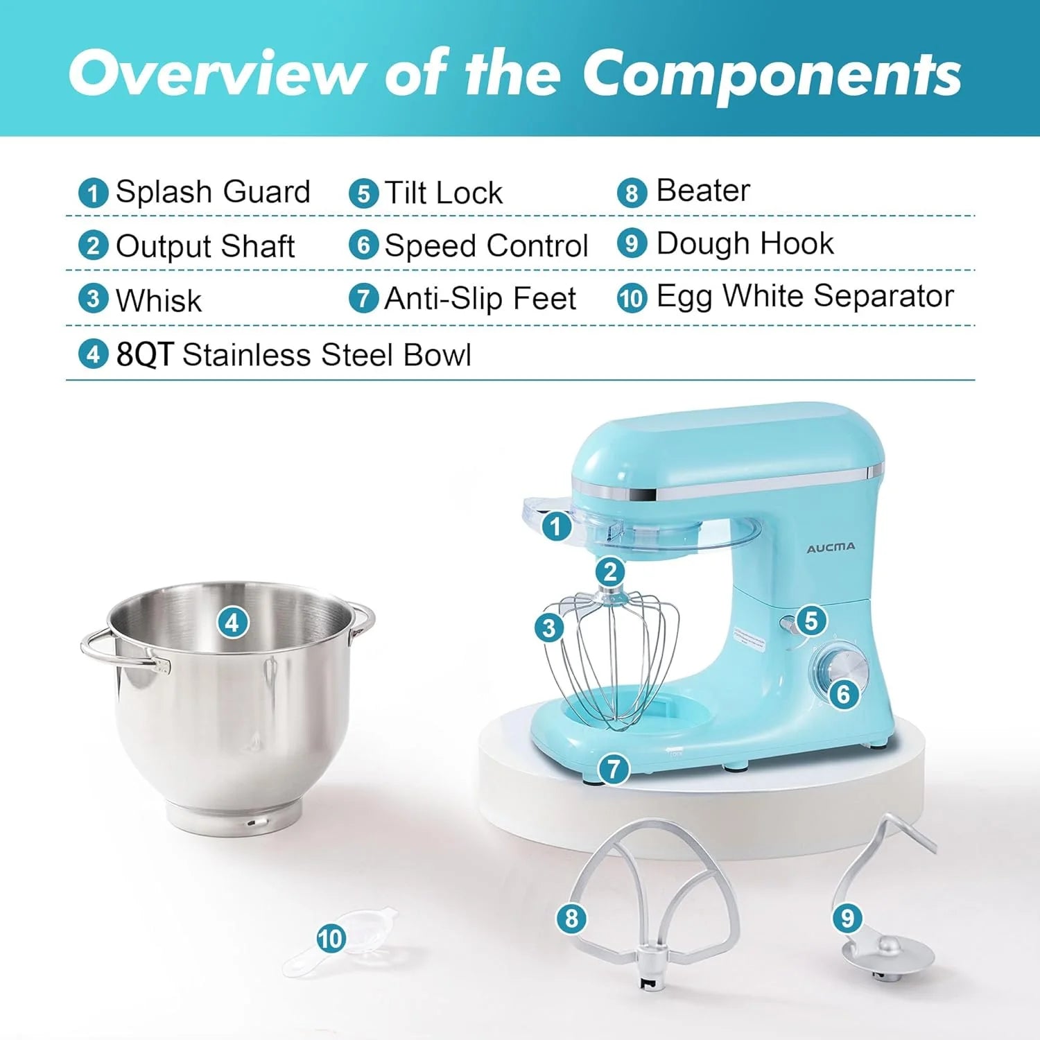 Aucma Stand Mixer,6.5-QT 660W 6-Speed Tilt-Head Food Mixer, Kitchen Electric Mixer with Dough Hook
