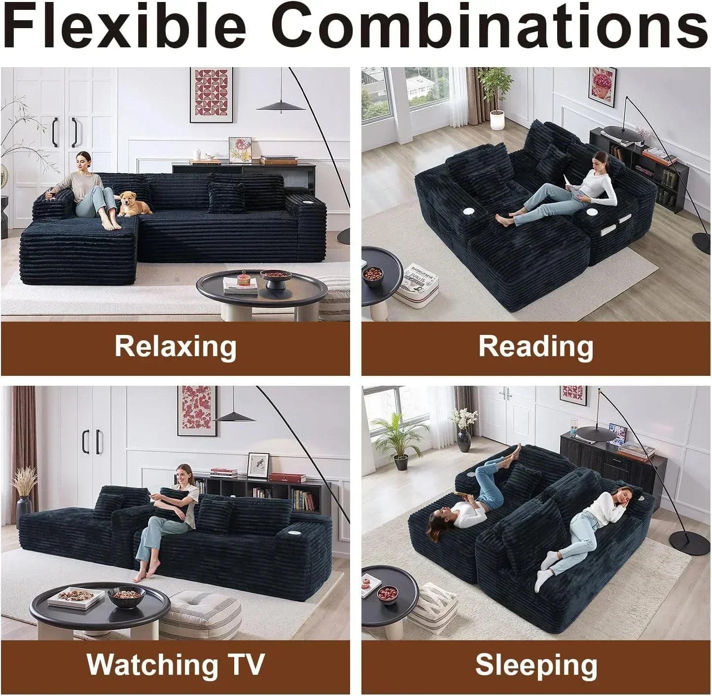 Cloud section sofa with L-shaped recliner modern modular sofa built-in cup holder