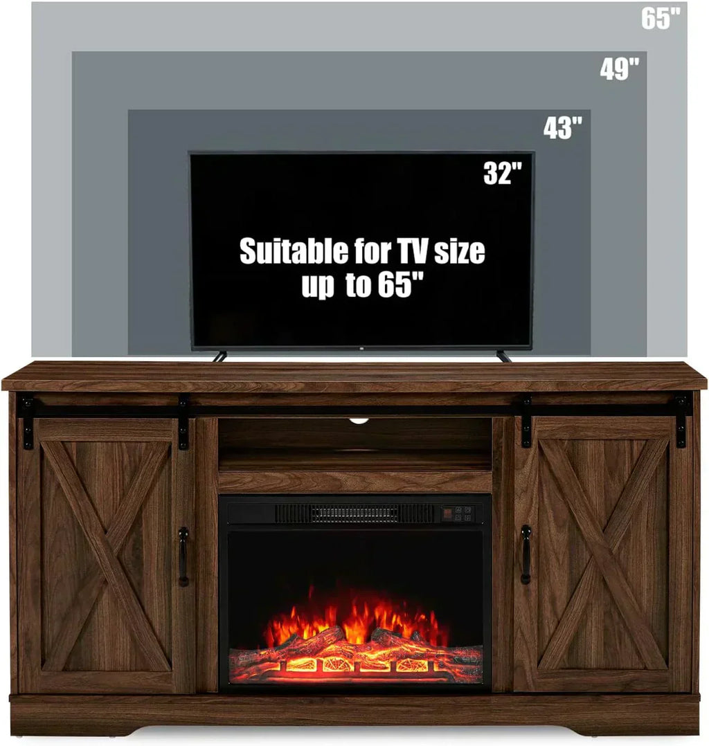 AMERLIFE Fireplace TV Stand with Sliding Barn Door  Farmhouse 63 Fireplace Entertainment Center