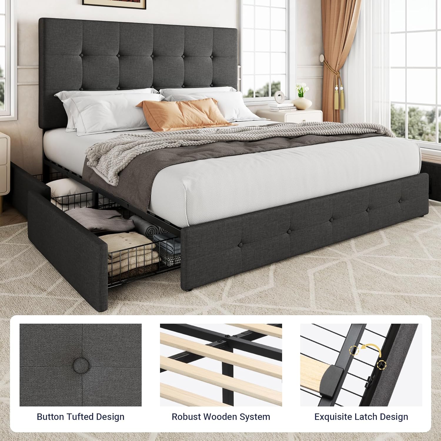 Allewie Upholstered Queen Size Platform Bed Frame with 4 Storage Drawers and Headboard