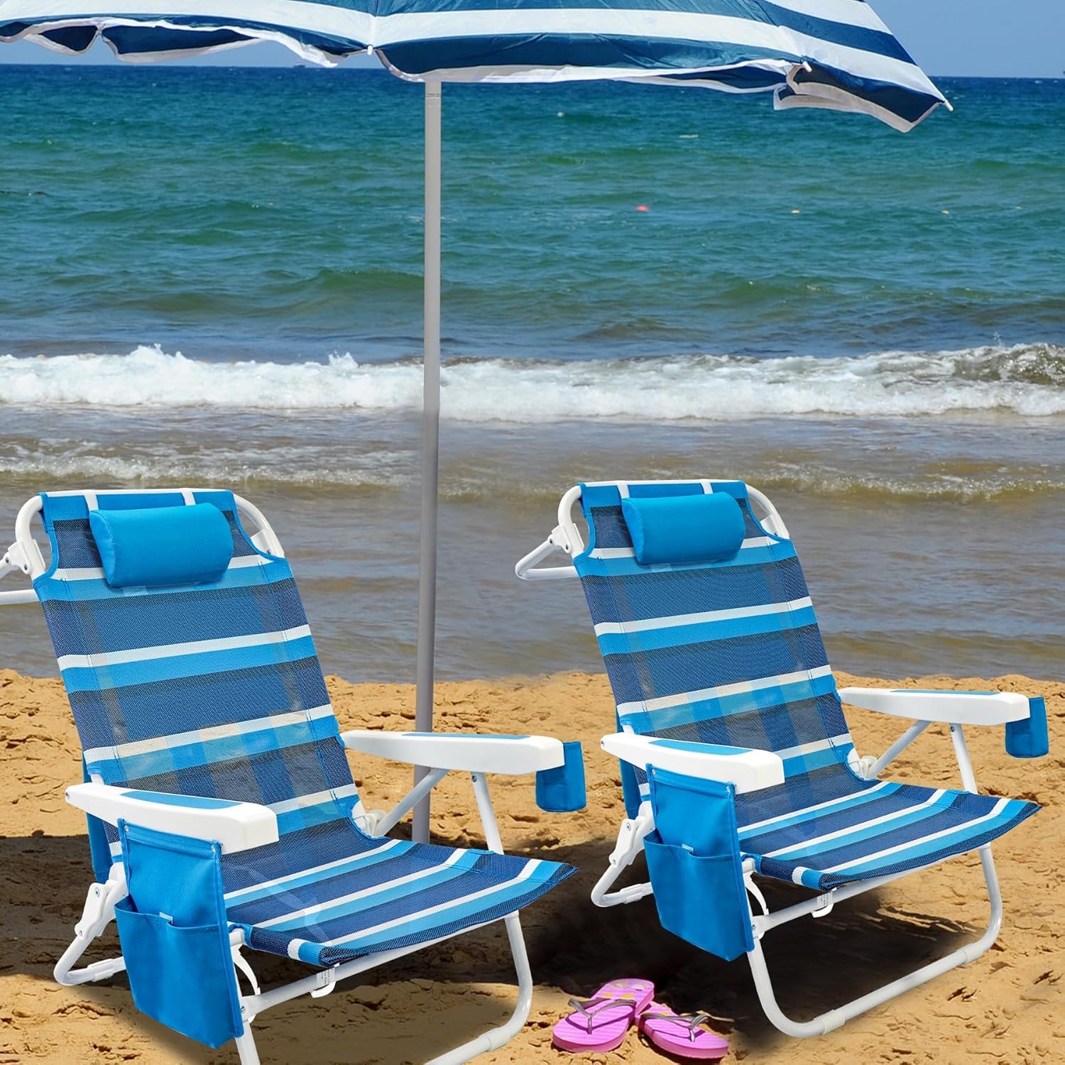 Beach Chair 2 Pack 5 Positions Textilene Folding Reclining Beach Chair with Straps Cooler Bag