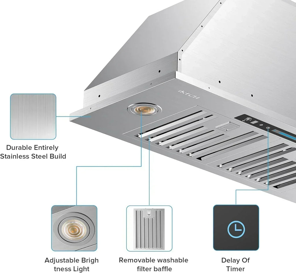IKTCH 30 Built-in Plug-in Range Hood 900 CFM Stainless Steel Kitchen Range Hood