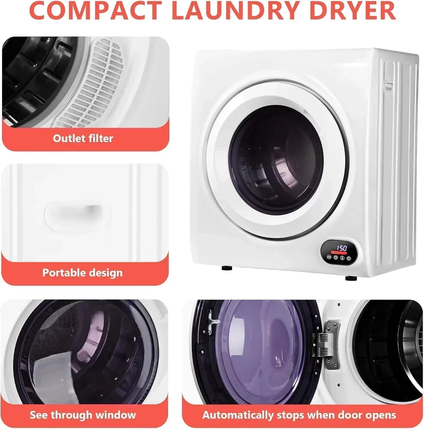 Compact Laundry Dryer 3.5 cu ft Front Load Stainless Steel Clothes Dryers With Exhaust Pipe