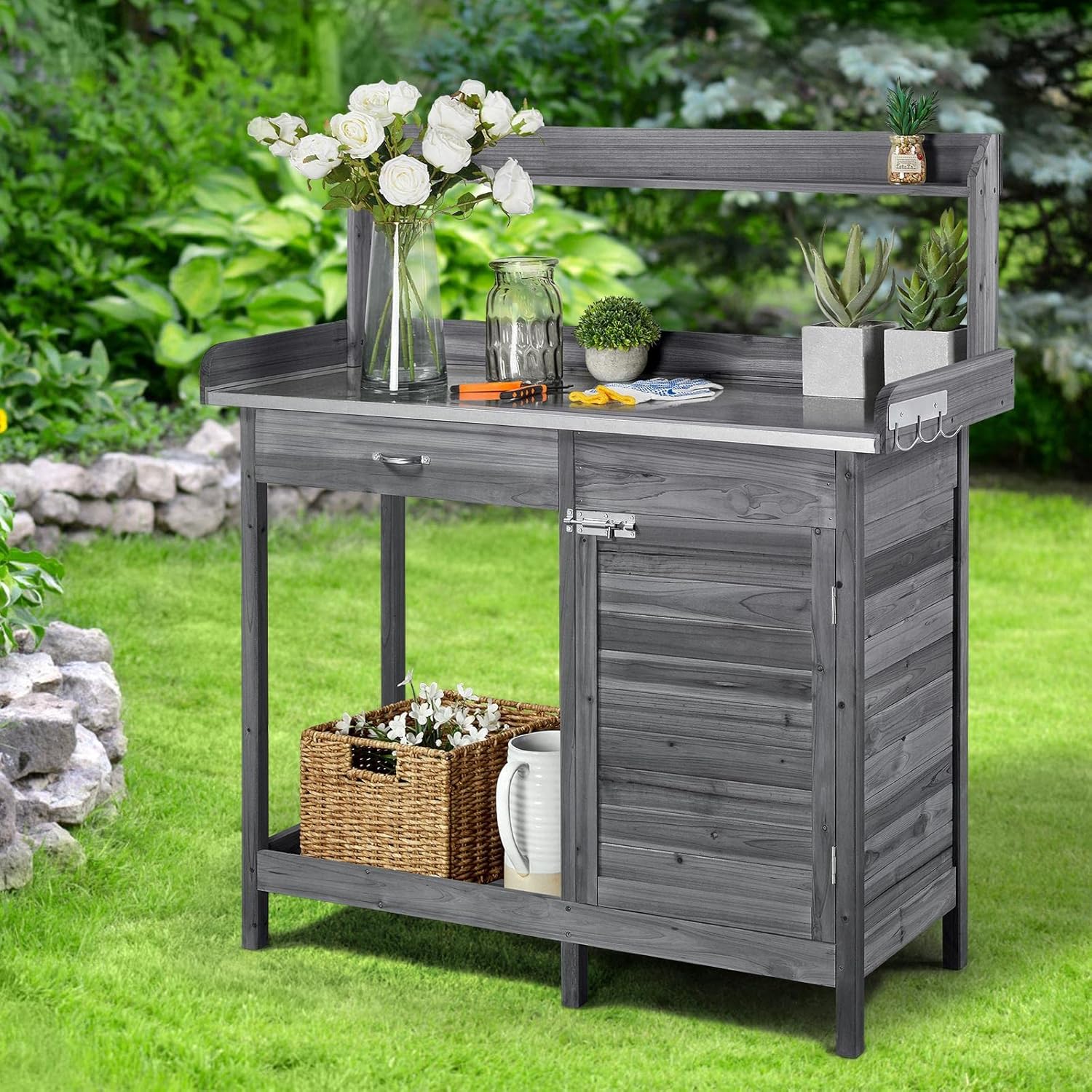 Yaheetech Outdoor Garden Potting Bench Table Work Bench Metal Tabletop Cabinet Drawer