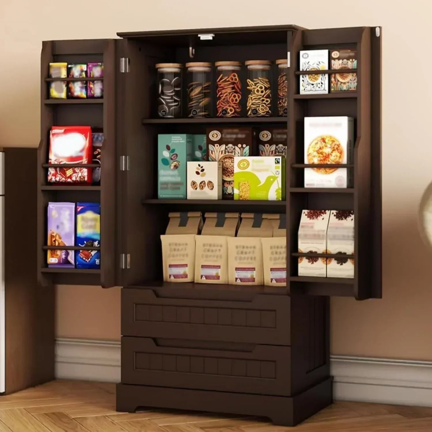 Gizoon Kitchen Pantry Cabinet with Drawers Freestanding Bathroom Storage Cabinet with Doors