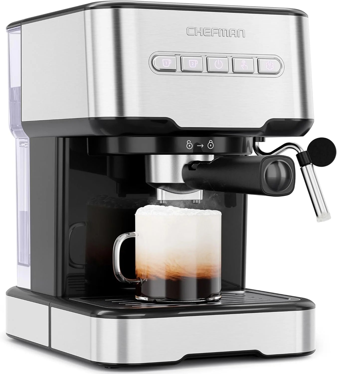 Chefman CaféMaster Pro Espresso Machine, Brew Single or Double Shots, Coffee Maker with Built-In Milk Frother for Cappuccino & Latte, XL 1.8 Liter Removable Water Reservoir - Stainless Steel