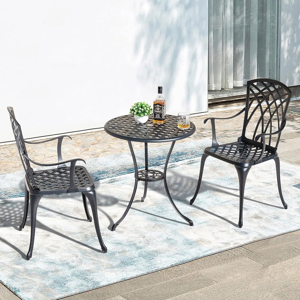 NUU GARDEN Bistro Set 3 Piece Outdoor Cast Aluminum Patio Bistro Set Patio Table and Chairs Set of 2 with Umbrella Hole and Gray Cushions, Black