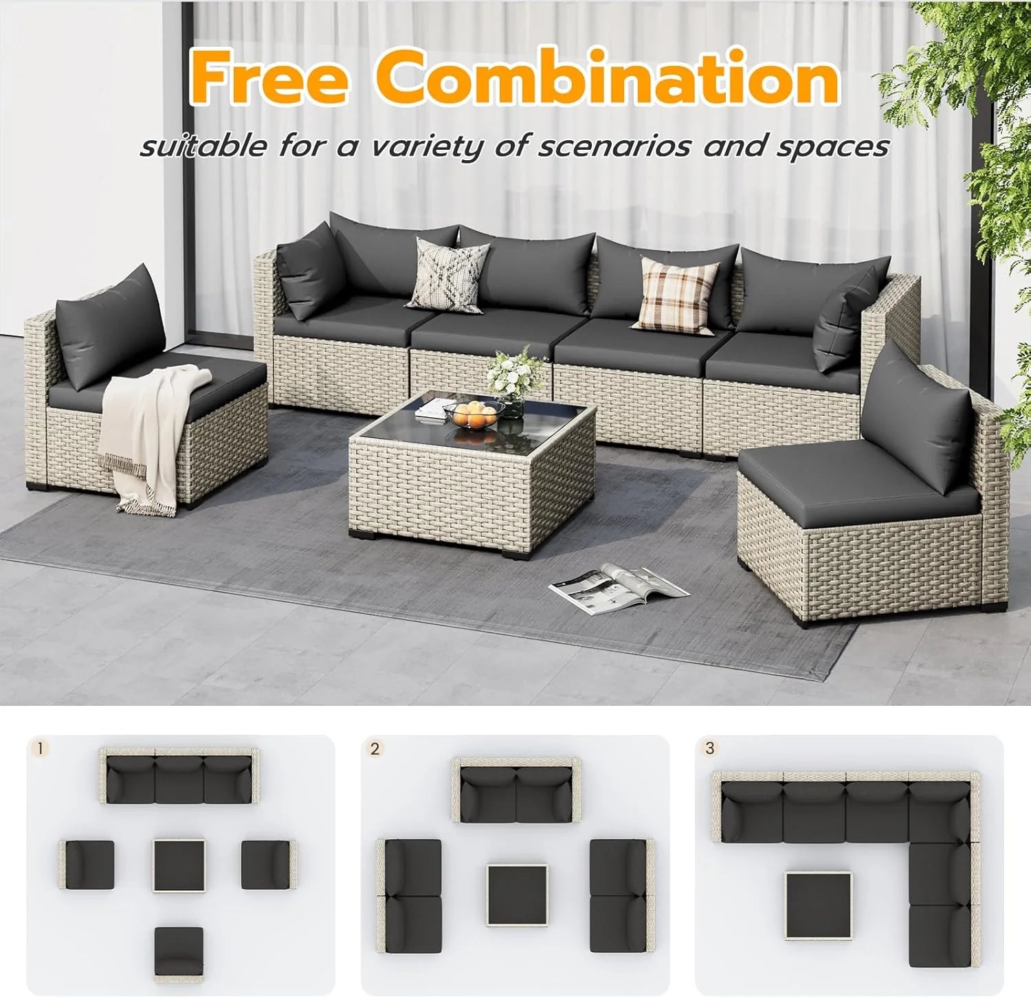 UDPATIO Outdoor Patio Furniture Set, 7-Piece PE Wicker Sectional Sofa with Tea Table, Outdoor Conversation Set for Patio, Garden, Backyard Green