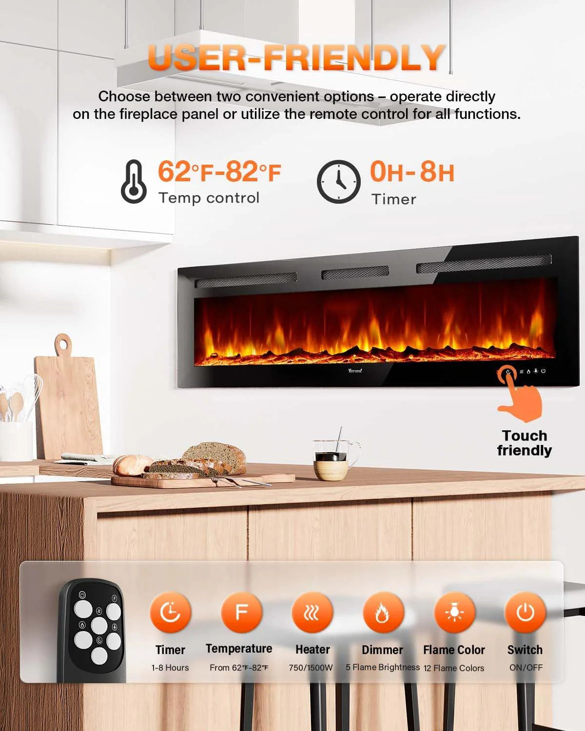 Electric Fireplace 60Inch,Wall Mounted Electric Fireplace Heater with Timer Inserts��TV Stand Touch Screen and Realistic Flame,Log Set,Crystal Flames 750 to 1500W��Remote for Living Room