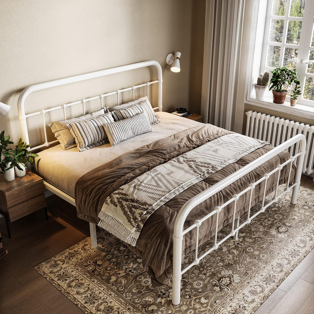 Allewie Queen Size Metal Platform Bed Frame with Victorian Style Wrought Iron-Art Headboard