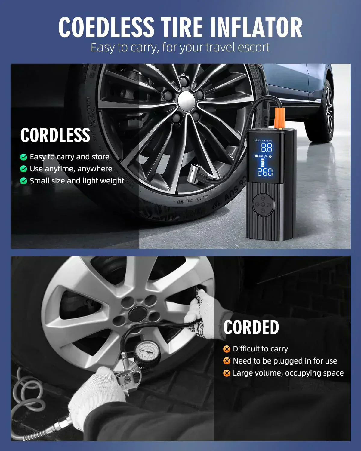 Tire Inflator Portable Air Compressor 180PSI Portable Air Compressor with with LED Light