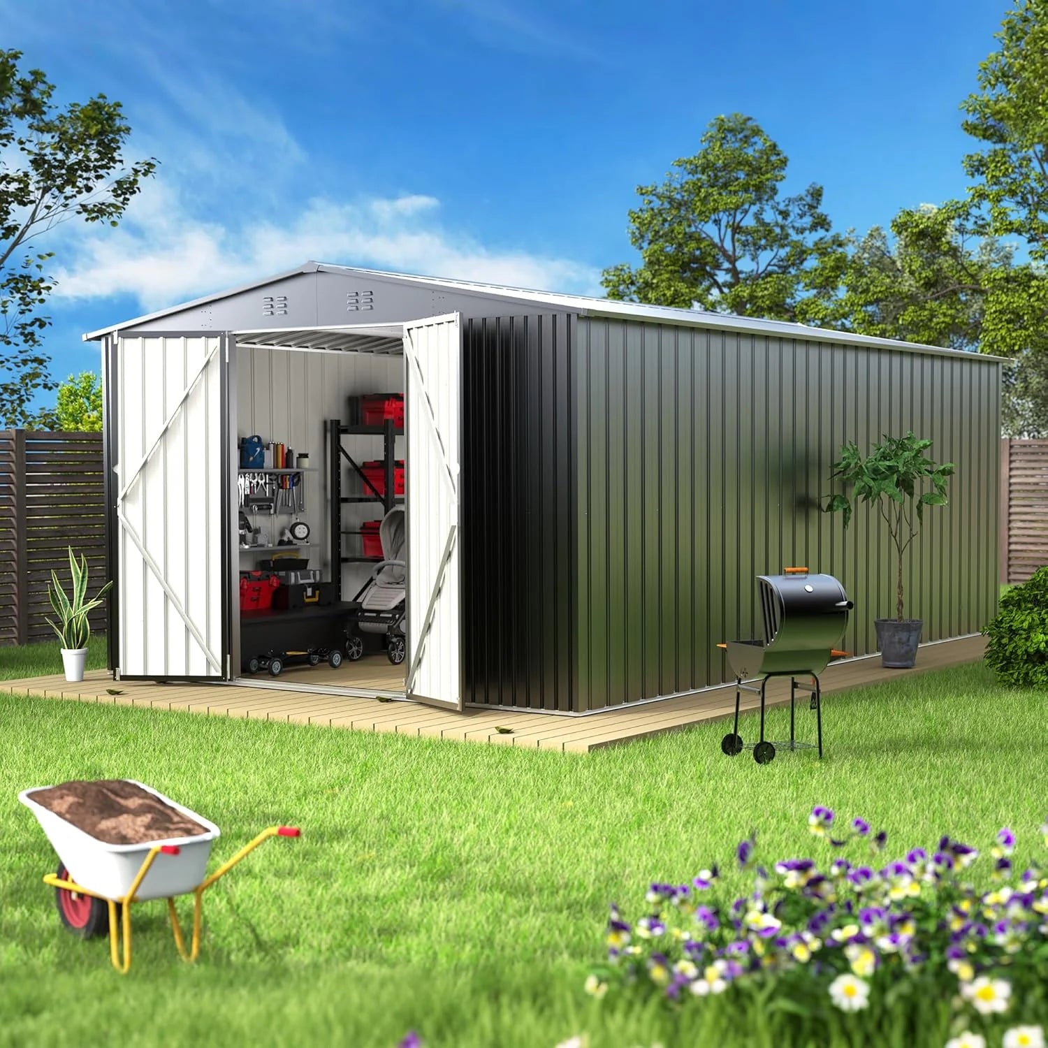 14 x 12 ft Outdoor Storage Shed, Metal Waterproof Storage Shed Steel Utility Garden Tool Shed