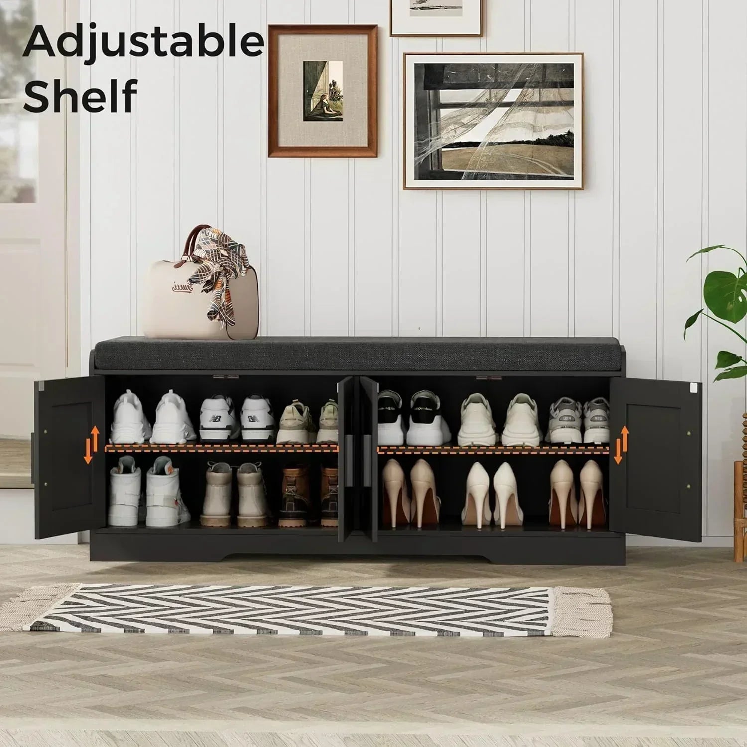 2-Tier Storage Bench Shoe Bench with Thickened Padded Seat Cushion Entryway Bench
