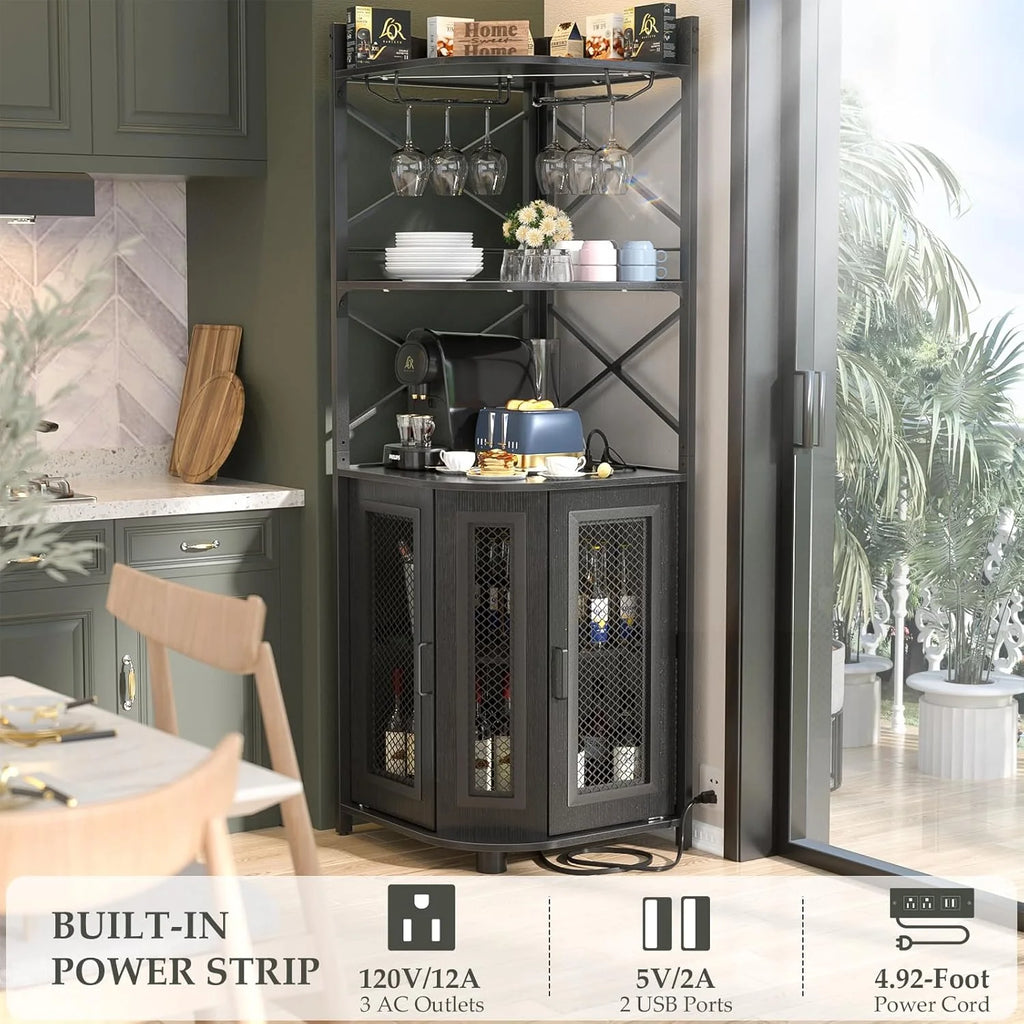 Corner bar cabinet with power socket, industrial style wine cabinet with LED light strip and glass rack, home five-layer wine cabinet bar unit, small space corner display cabinet