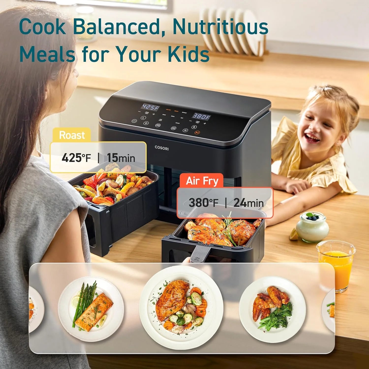 COSORI 9Qt 10-in-1 Dual Air Fryer Fresh Balanced Meals for Family Children Double Baskets
