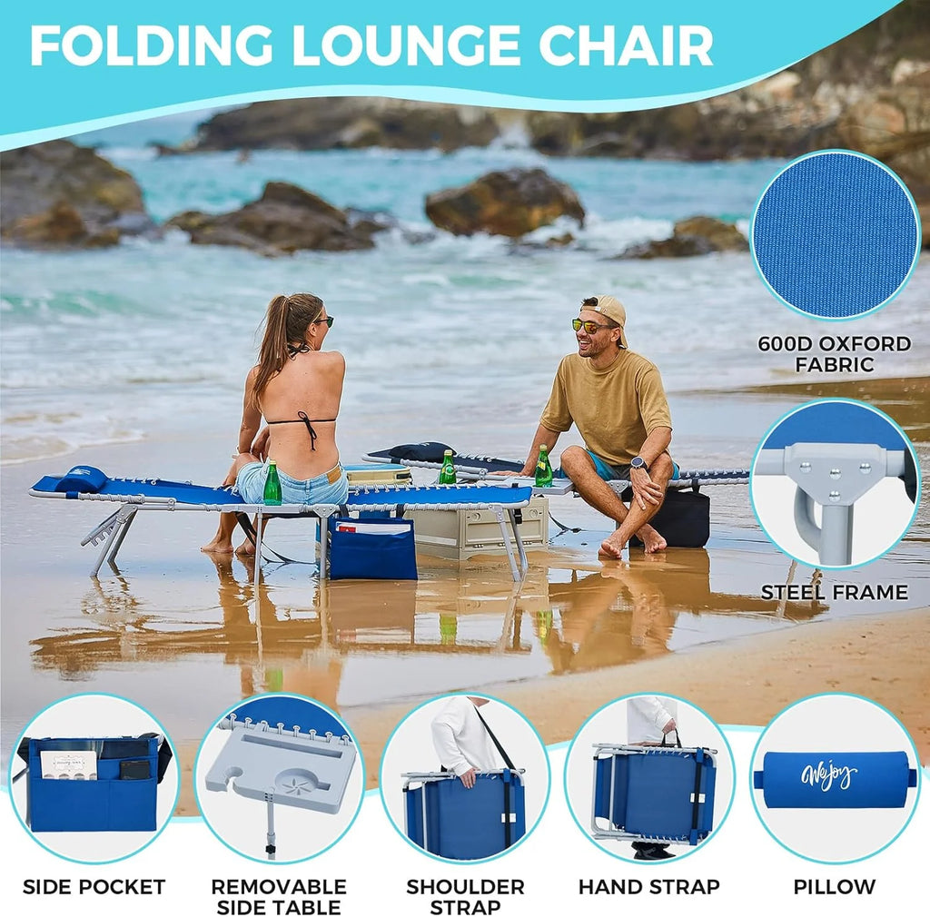 2 Pack Outdoor Chaise Lounge Chair - Portable Folding Patio Pool Lounge Chair, 5 Positions Adjustable Reclining Camping Chair with Side Table,Shoulder Strap, Pillow for Beach Sunbathing Lawn