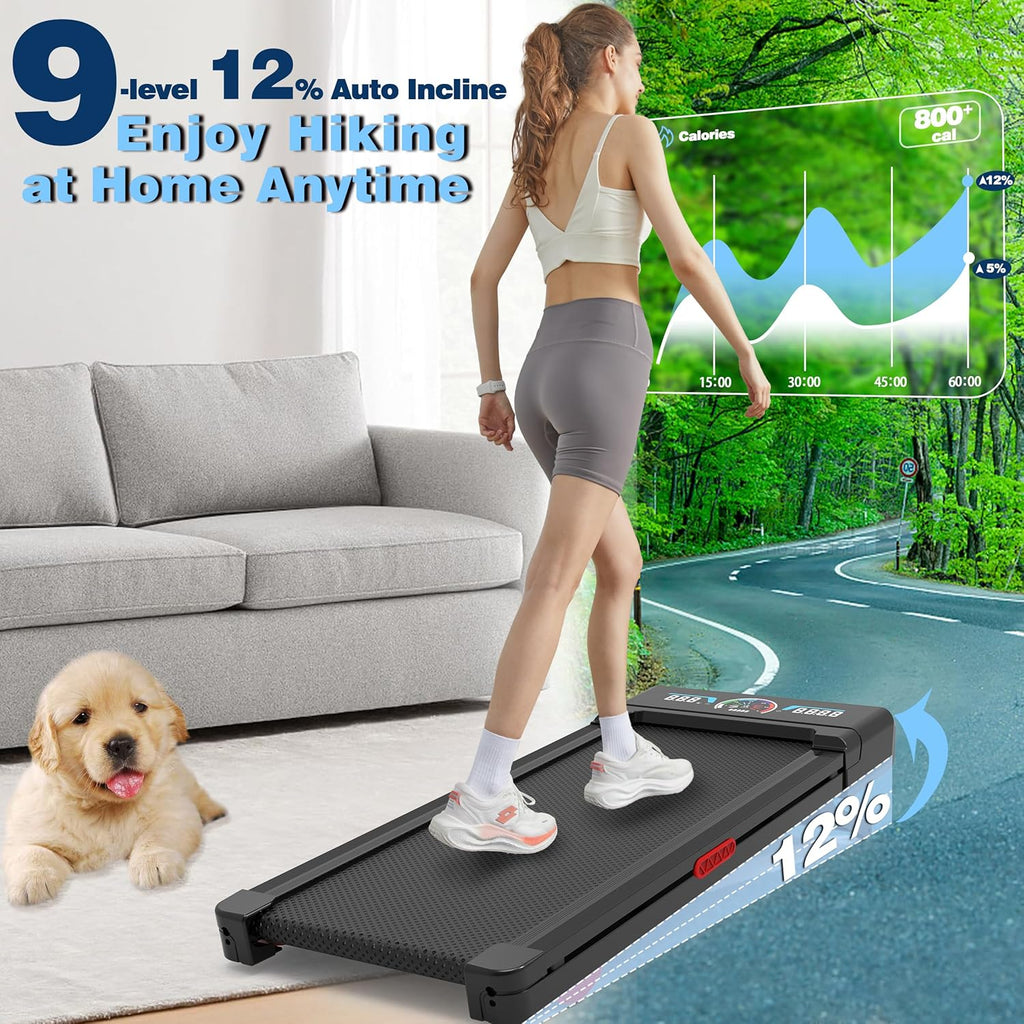 The Walking Pad treadmill features 12% 9-level automatic incline, 450-pound capacity, RGB LED screen, and Bluetooth speakers.
