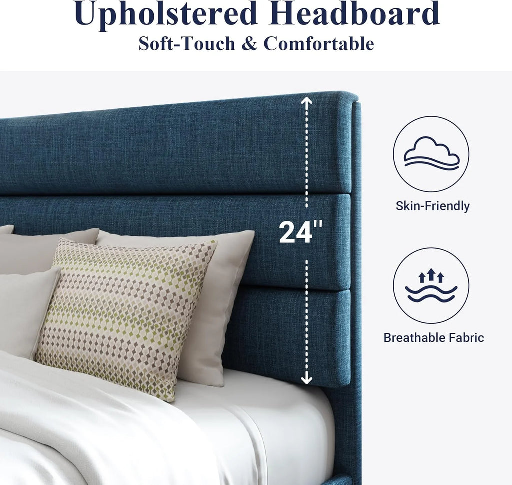 Allewie Queen Size Platform Bed Frame Fabric Upholstered Headboard Wooden Slats Support