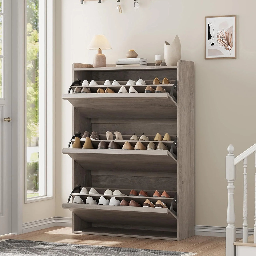 GarveeHome Shoe Cabinet with 3 Flip Top Drawers, Wooden Shoe Cabinet with Adjustable Shelves