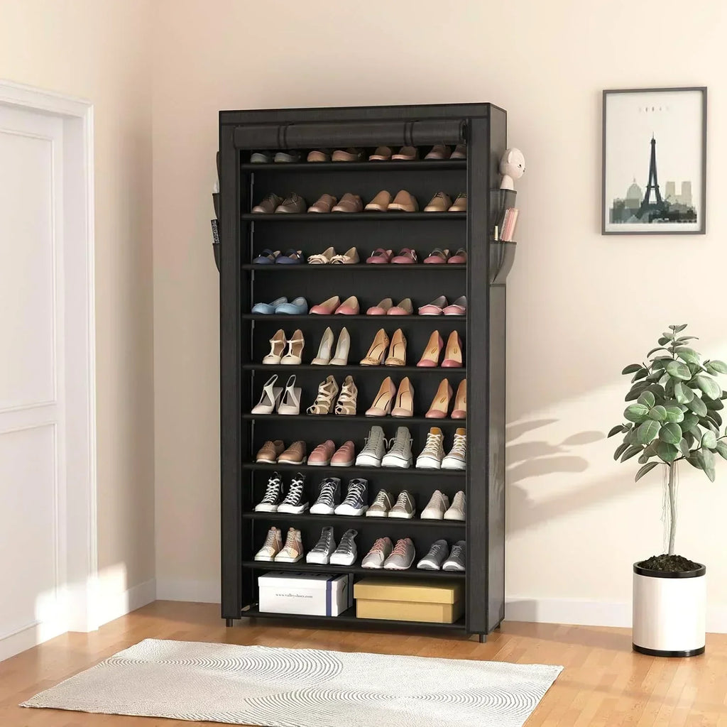 ROJASOP 10 Tier Shoe Rack with Covers Large Capacity Stackable Tall Shoe Shelf Storage