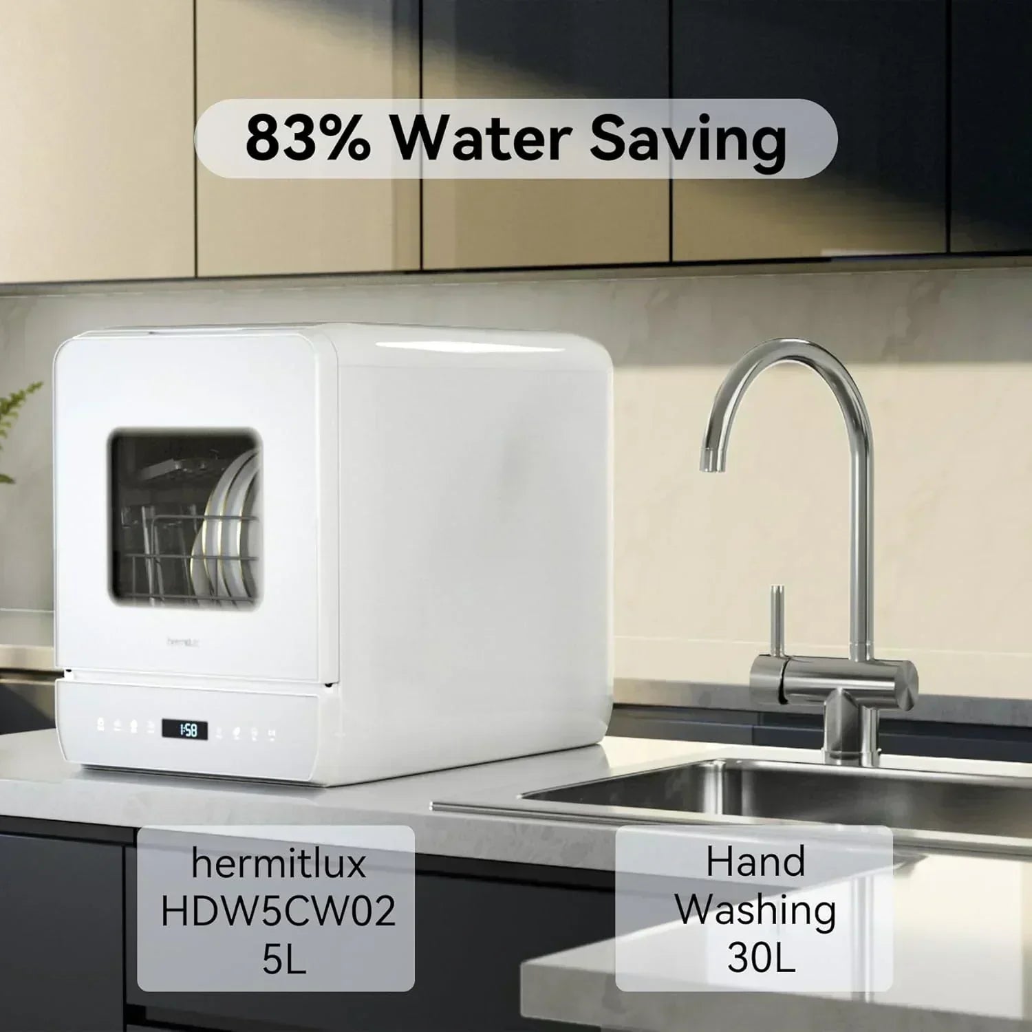 Hermitlux tabletop dishwasher 7 wash programs portable mini dishwasher