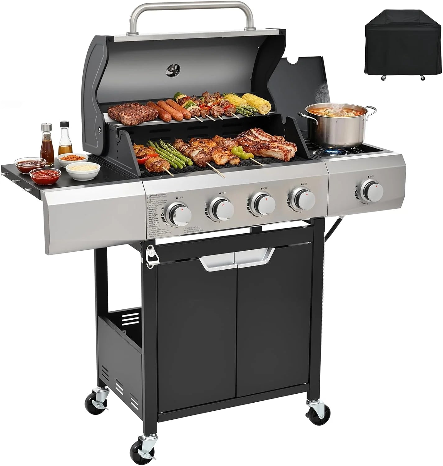 4-Burner Propane Gas BBQ Grill with Side Burner 46500 BTU Output Stainless Steel Barbecue Grill