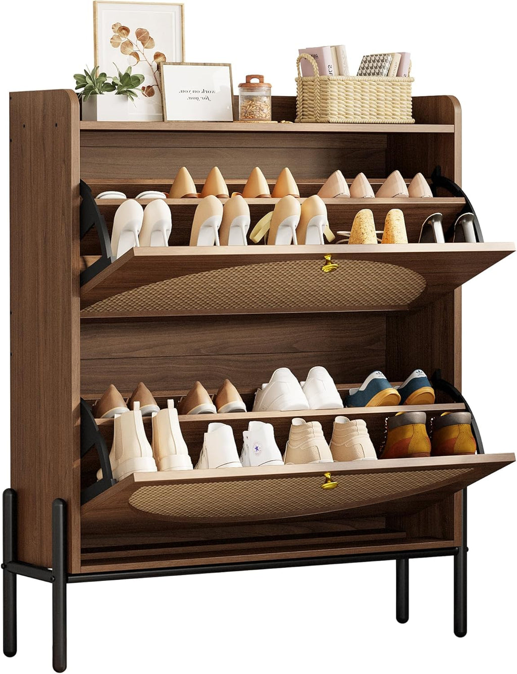 IRONCK Shoe Cabinet Storage 2 Drawers Free Standing Wooden Shoe Storage Organizer Cabinet