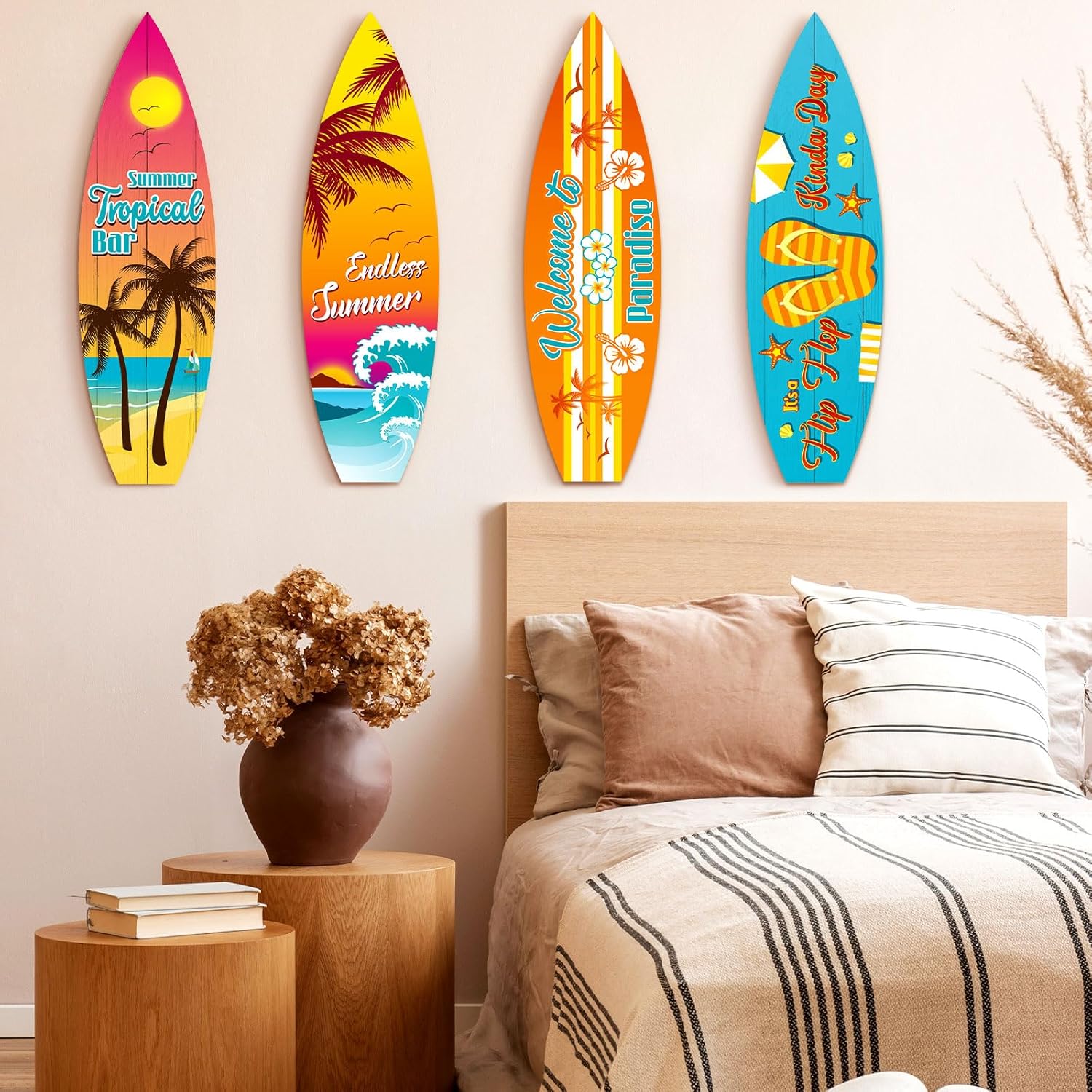 Blulu 4 Pcs Surfboard Wall Decor Surfboard Wall Hanging Sign Wooden Beach Decoration Summer Theme Decor Hawaiian Luau Party Decoration for Home Bar Aloha Tropical Birthday Party(Tiki)