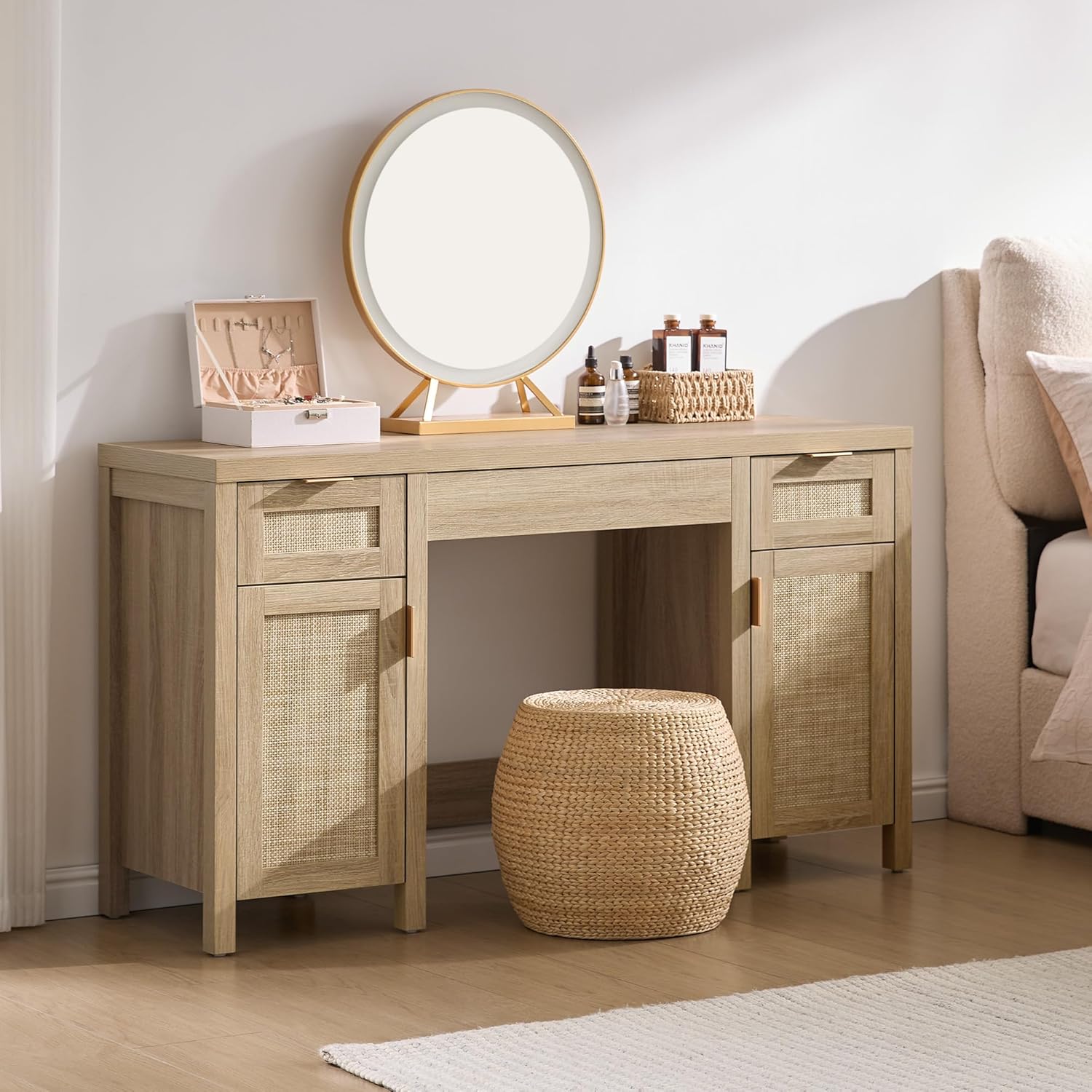 SICOTAS Rattan Vanity Home Office Desk - 52 Large Makeup Vanity Dressing Table