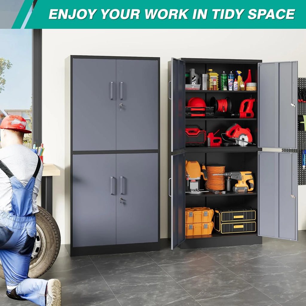Metal Storage Cabinet with 2 Doors and 6 Shelves, Black Metal Cabinet with Lock, 71 Inch Lockable Garage Storage Cabinet