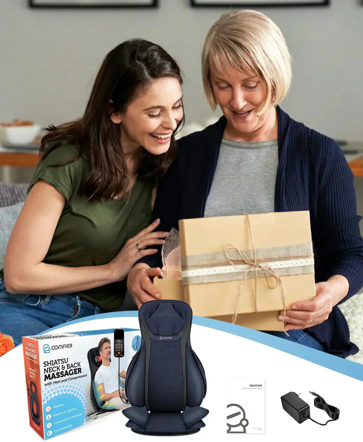 COMFIER Massager Chair with Heat Shiatsu Neck Back Massager Portable with Compress