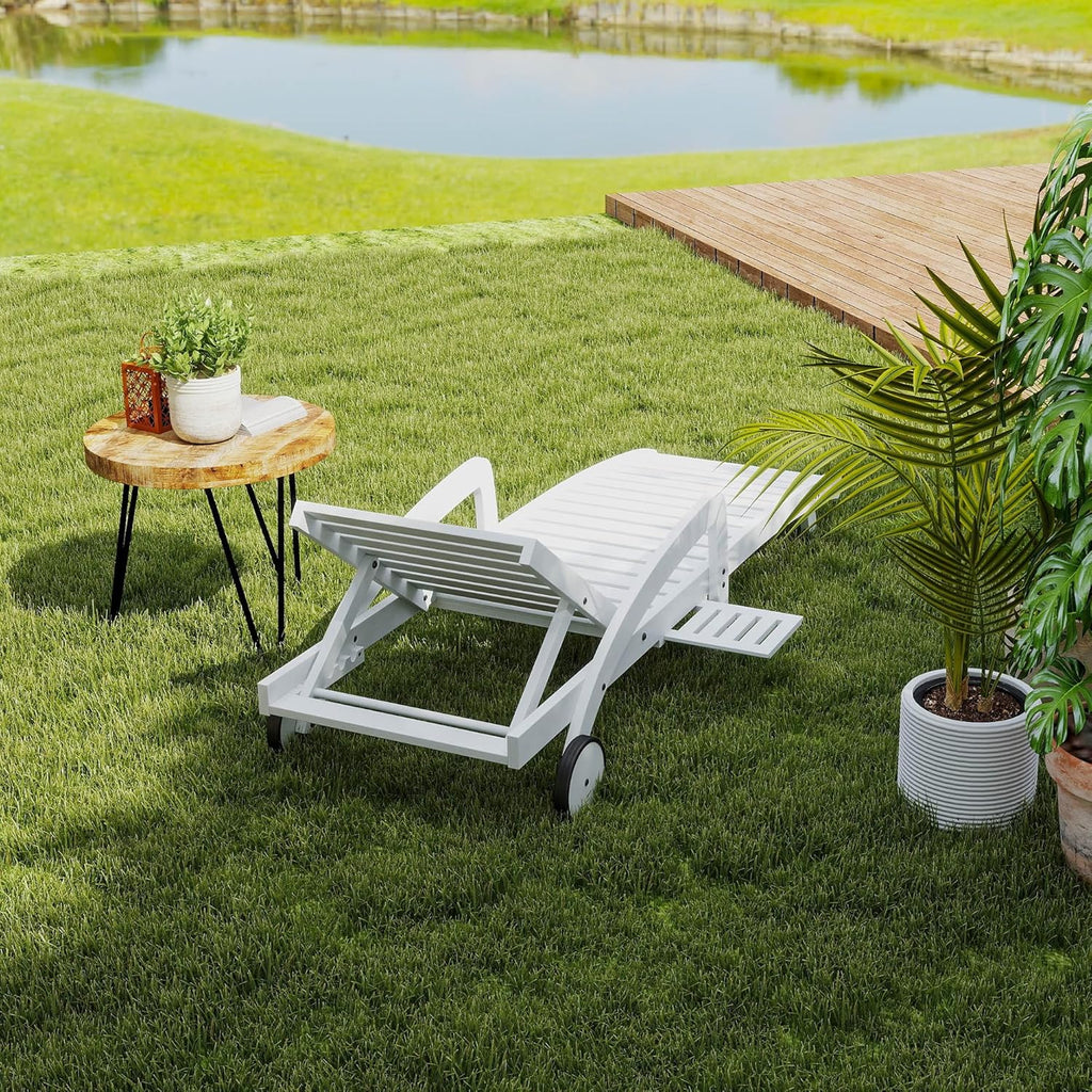 Pool Chaise Lounge Chairs Set of 4 5-Position Adjustable Outdoor Patio Lounge Chairs Wood Reclining Chaise Lounger Chair with Pullout Side Table