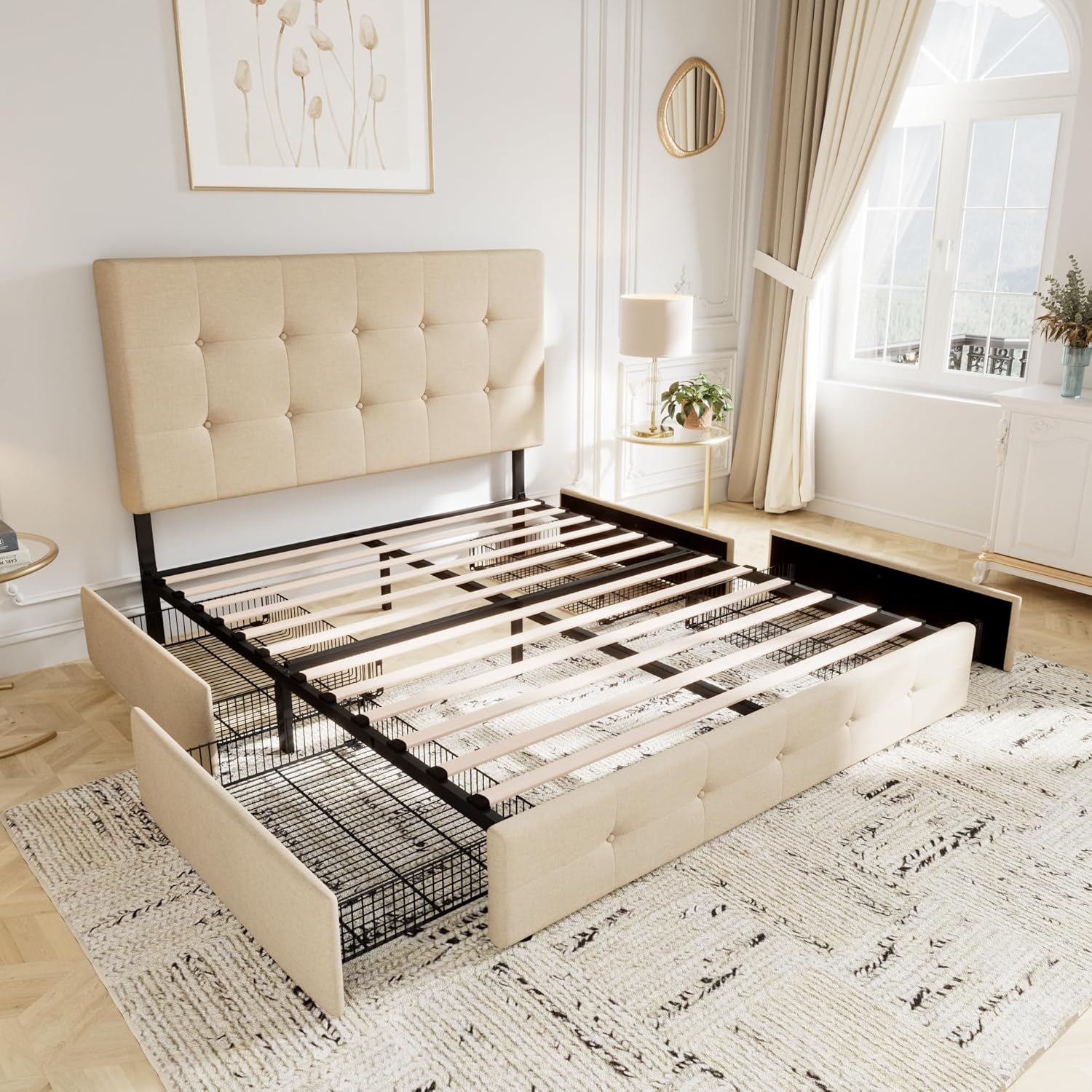 Allewie Upholstered Queen Size Platform Bed Frame with 4 Storage Drawers and Headboard