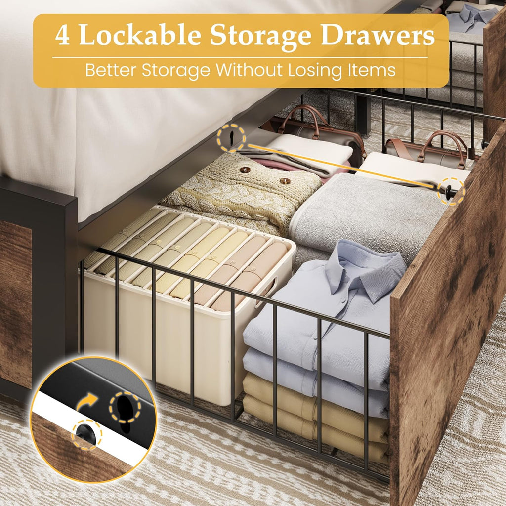Lifezone Queen Bed Frame 2-Tier Storage Headboard Metal Platform Bed Frame 4 Storage Drawers