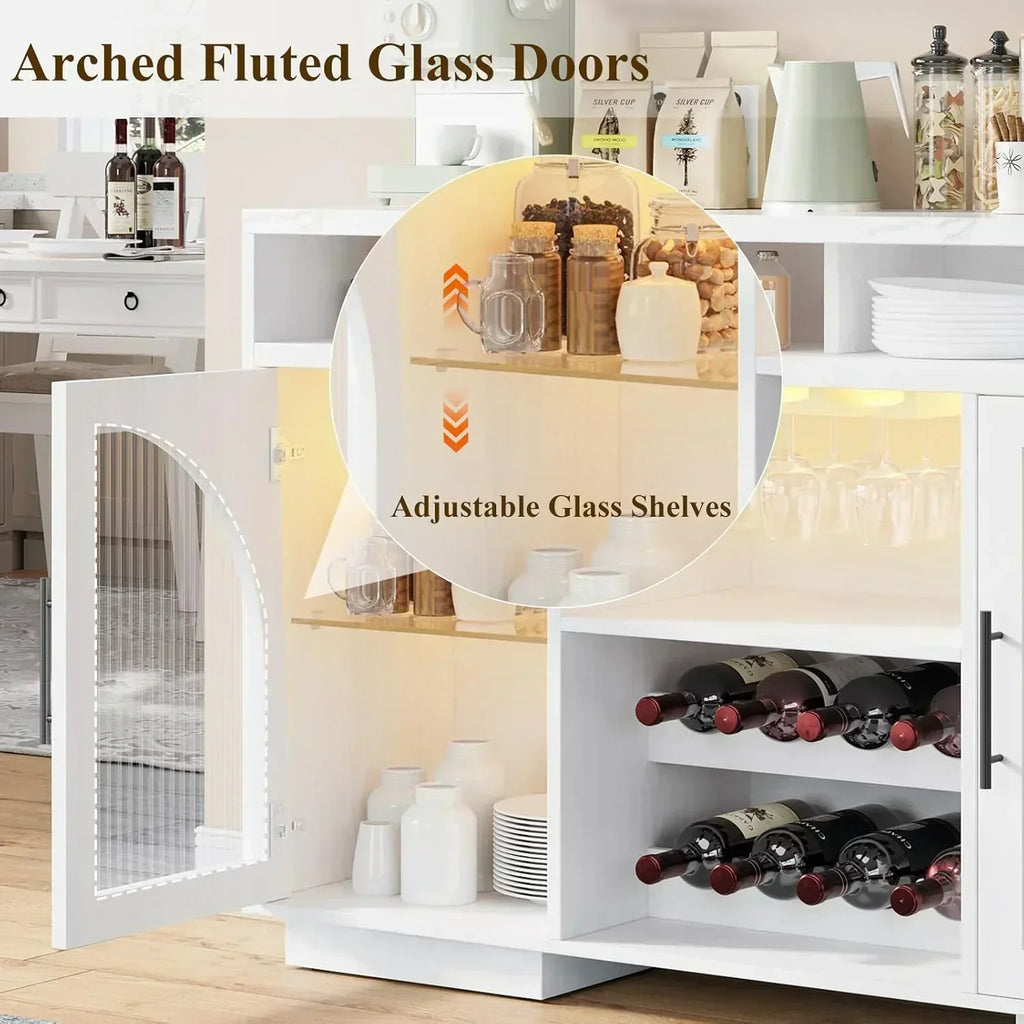 Sideboard 54-inch kitchen cabinet with LED lights and arched glass doors tall bar cabinet