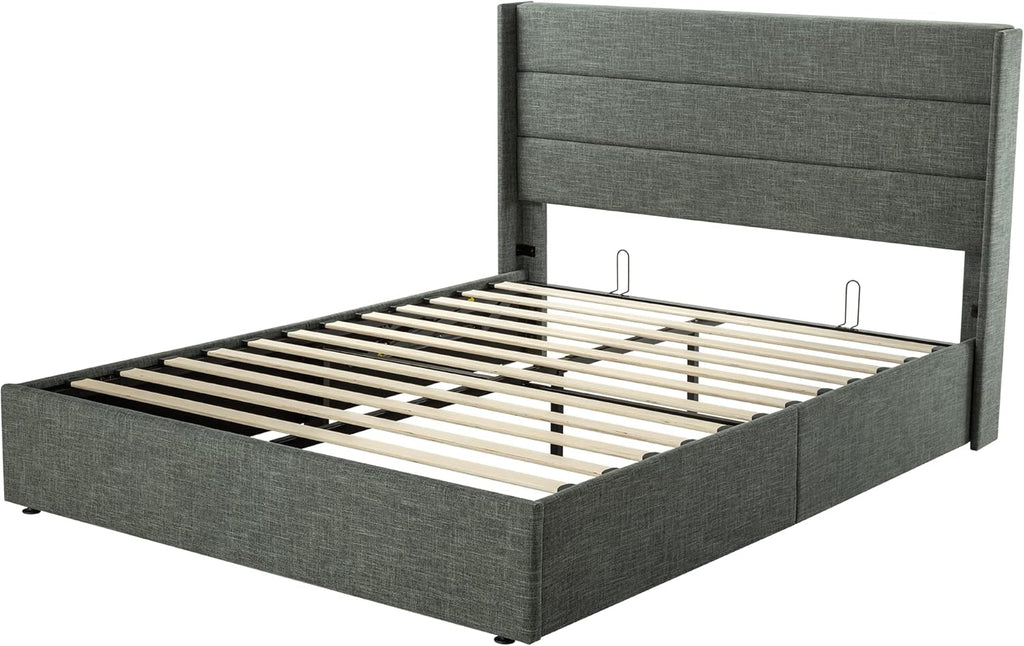 Allewie Queen Size Lift Up Storage Bed Modern Wingback Headboard Hydraulic Support