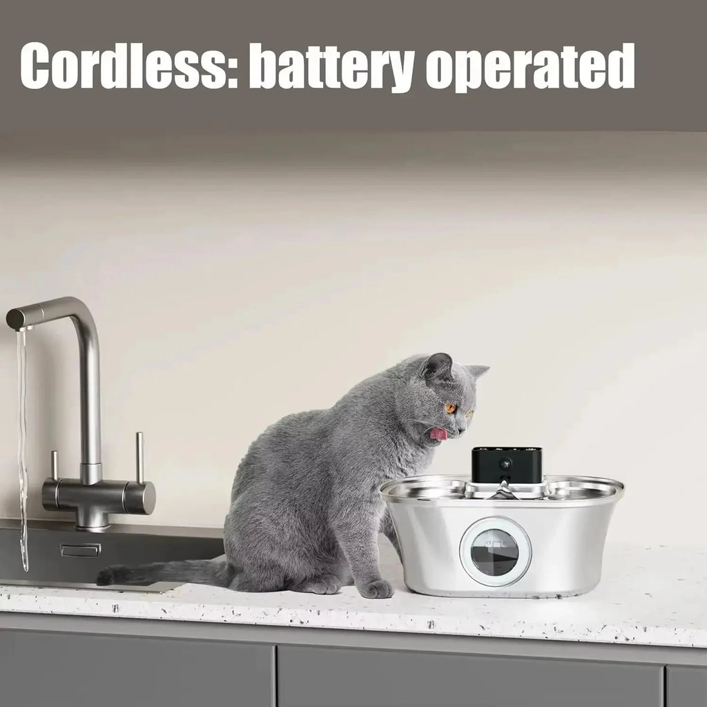 Wireless Cat Water Fountain 3.2L Rechargeable Battery with Motion Sensor Filter and Stainless Steel Bowl